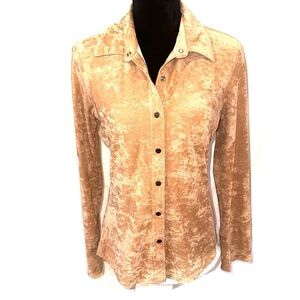 Moda International Size M Blouse Tan Snap Front Collared Stretch Suede Look